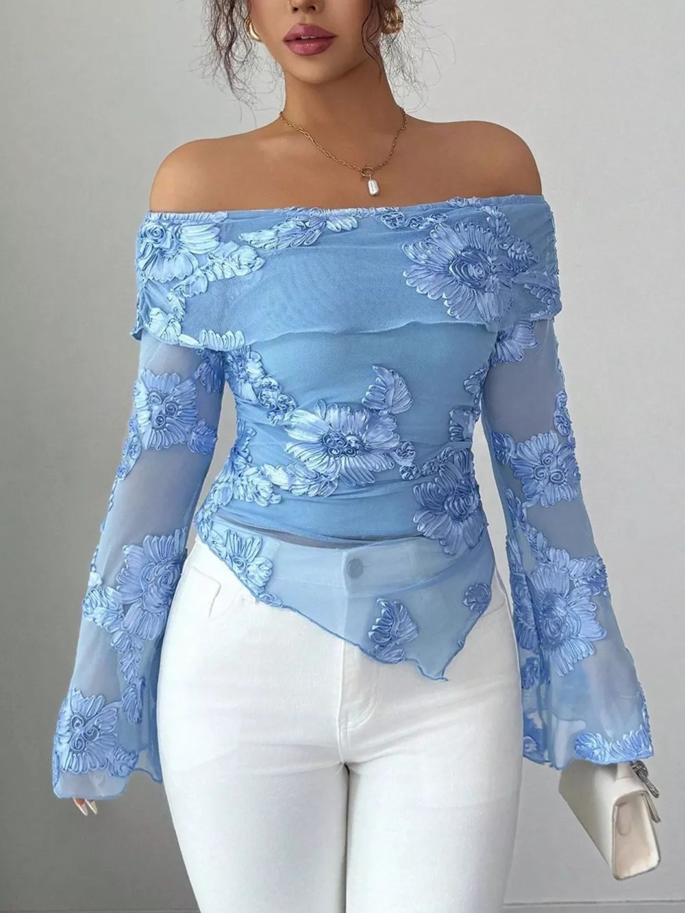 Floral Off-Shoulder Mesh Blouse