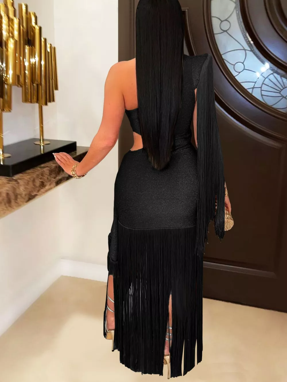 One-Shoulder Cutout Fringe Bodycon Party Dress, image 8