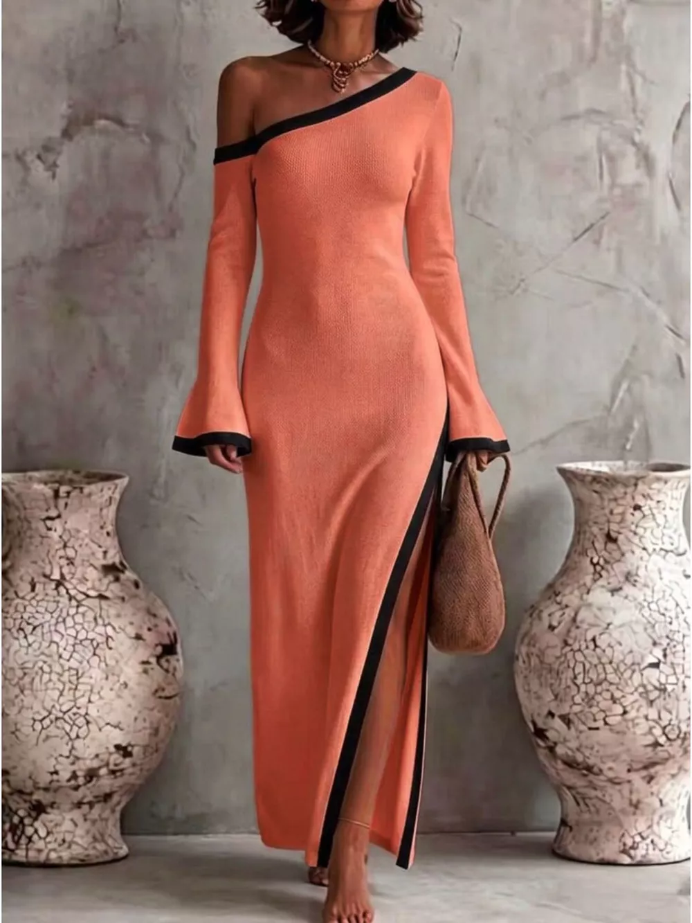 Slit One-Shoulder Contrast Trim Maxi Dress