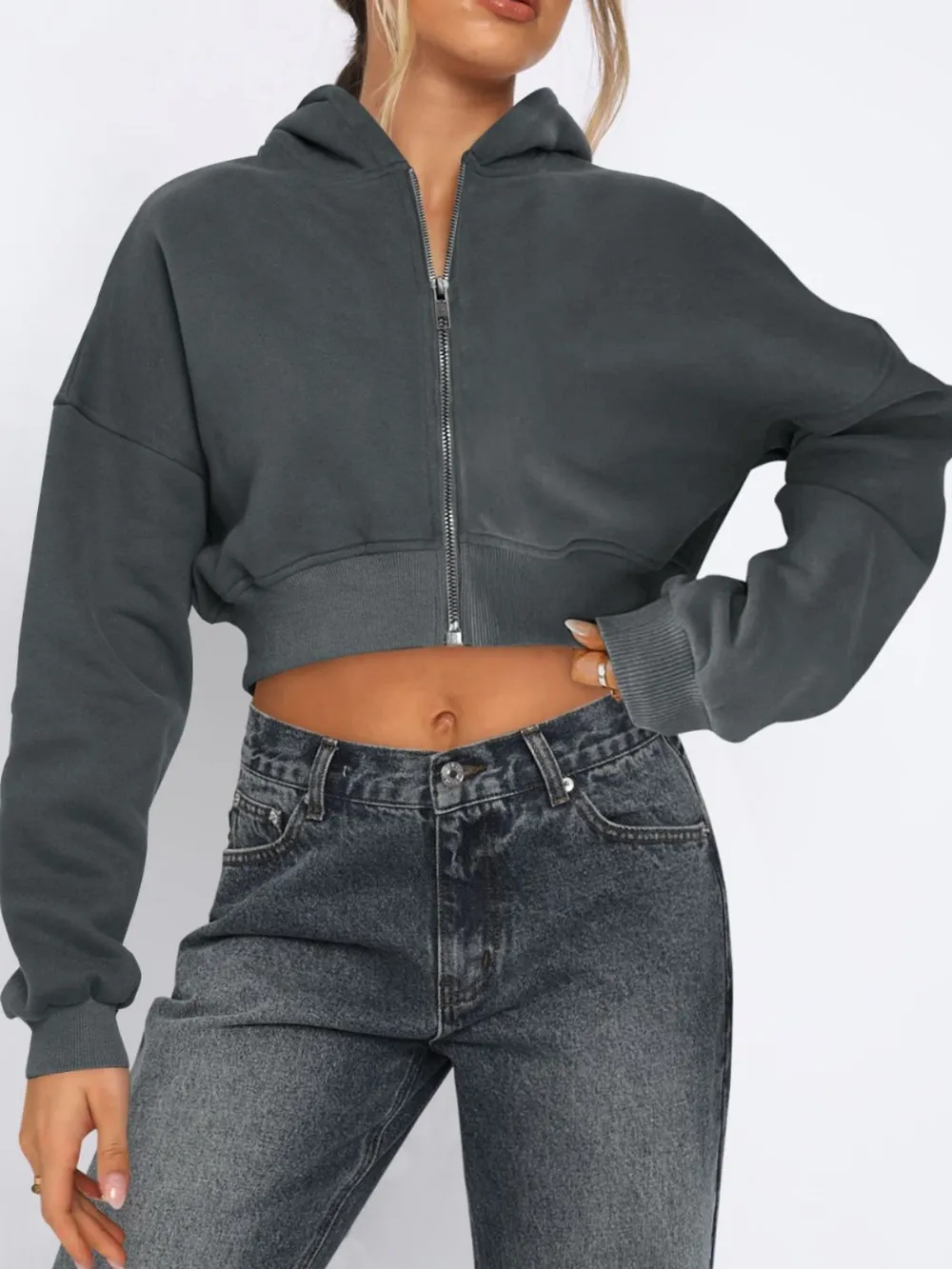 Zip Up Long Sleeve Hooded Cropped Jacket, image 10