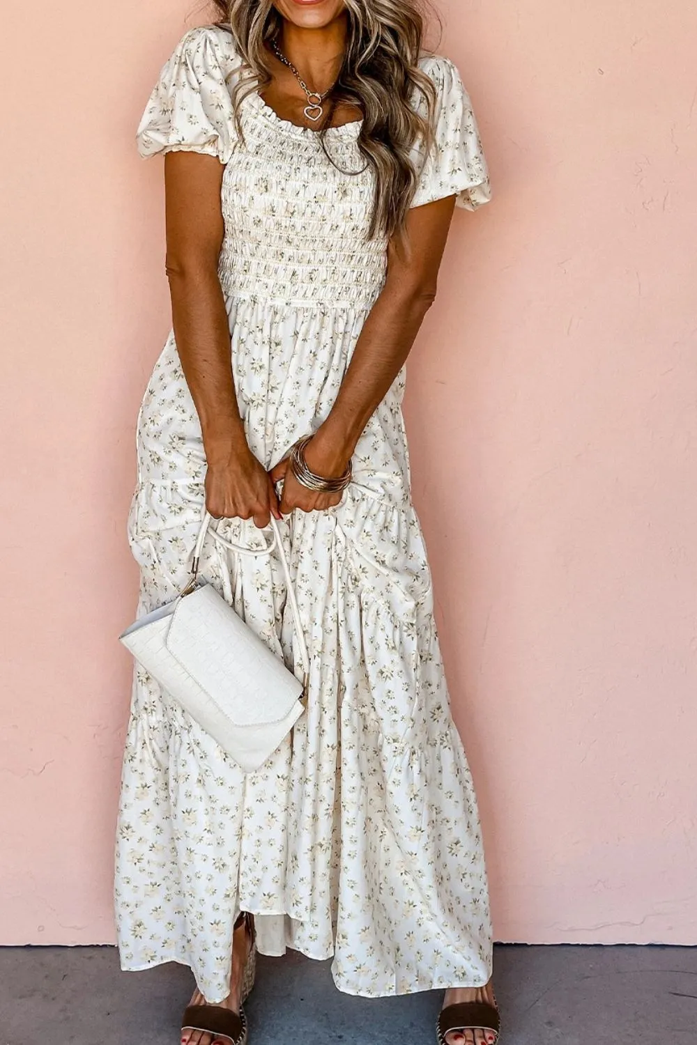 Floral Smocked Short Puff Sleeve Maxi Dress, image 3