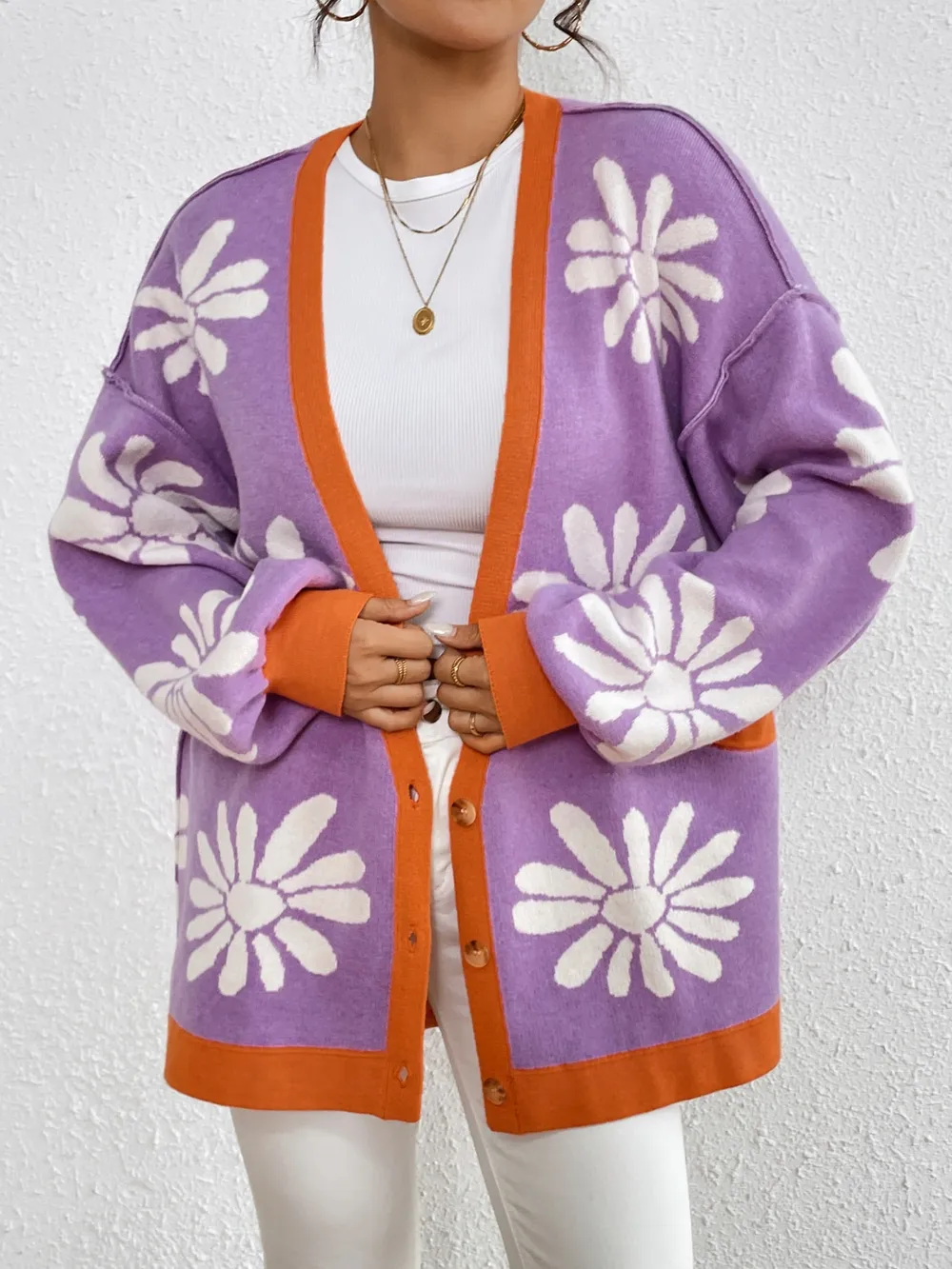 Contrast Dropped Shoulder Long Sleeve Cardigan, image 9