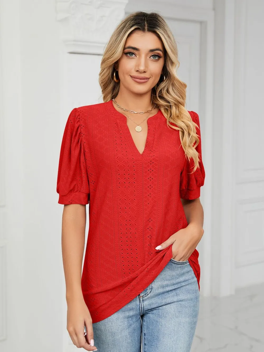 Eyelet Notched Short Sleeve T-Shirt, image 30