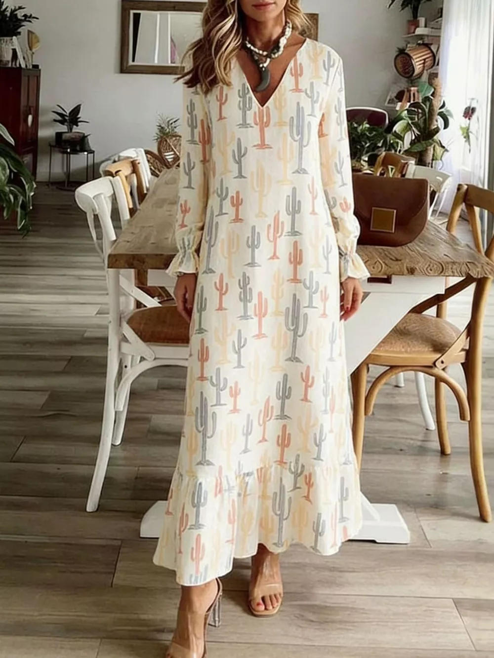 V-Neck Flounce Sleeve Dress, image 2