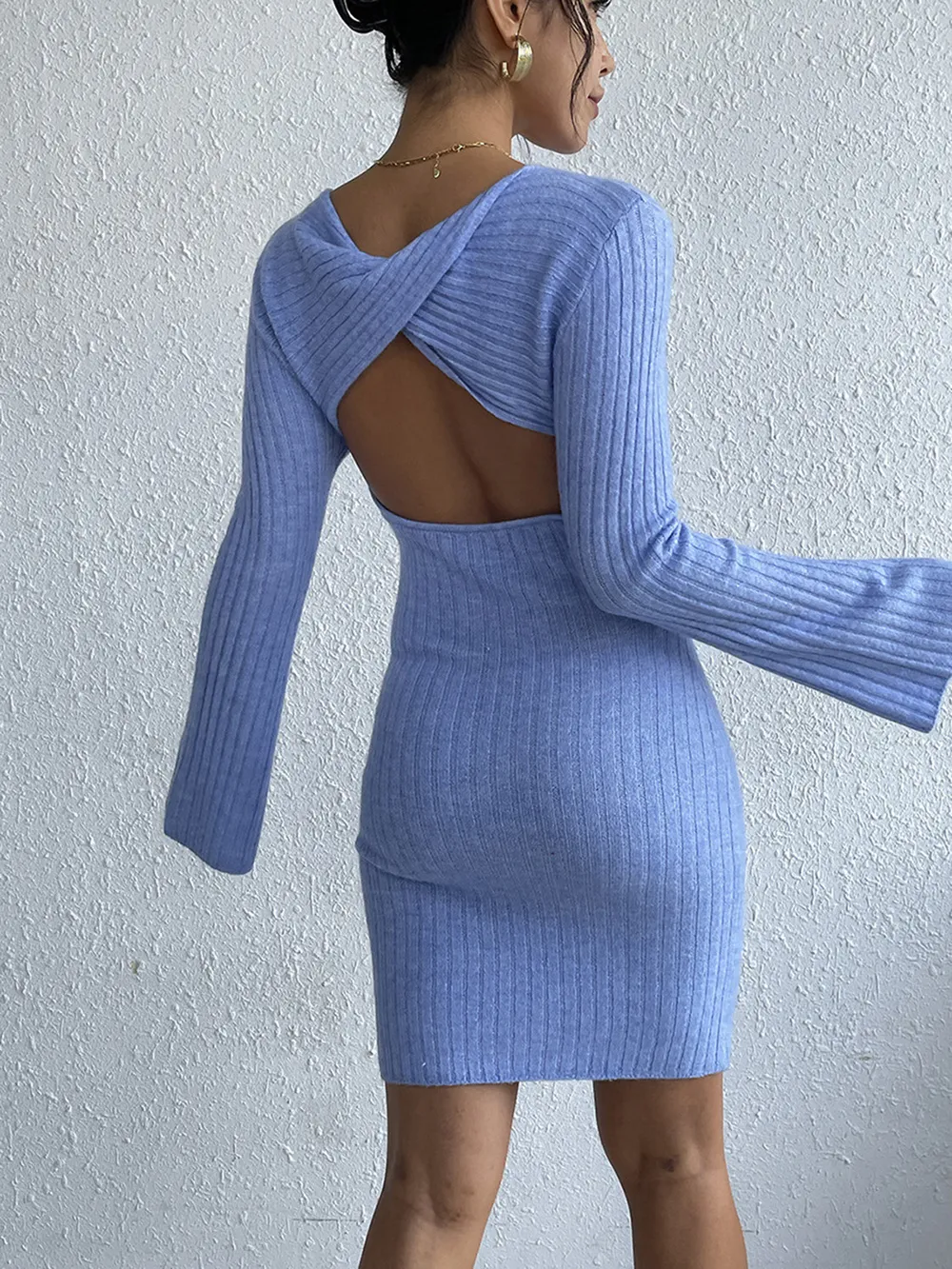 Backless Round Neck Long Sleeve Sweater Dress, image 5