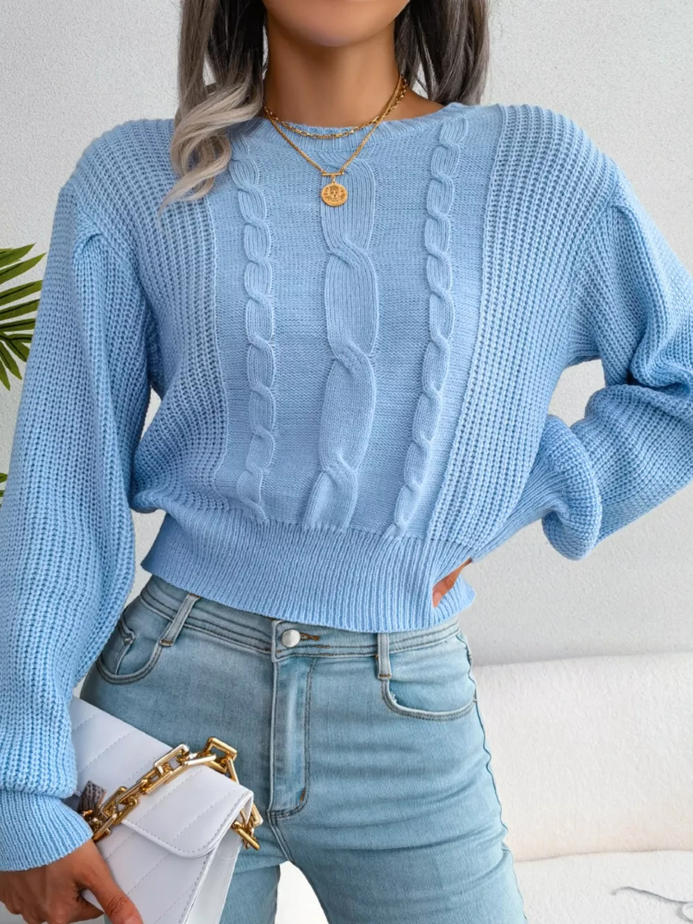 Cable Knit Round Neck Cropped Sweater, image 12