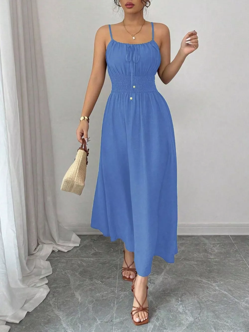 Smocked Spaghetti Strap Midi Dress, image 6