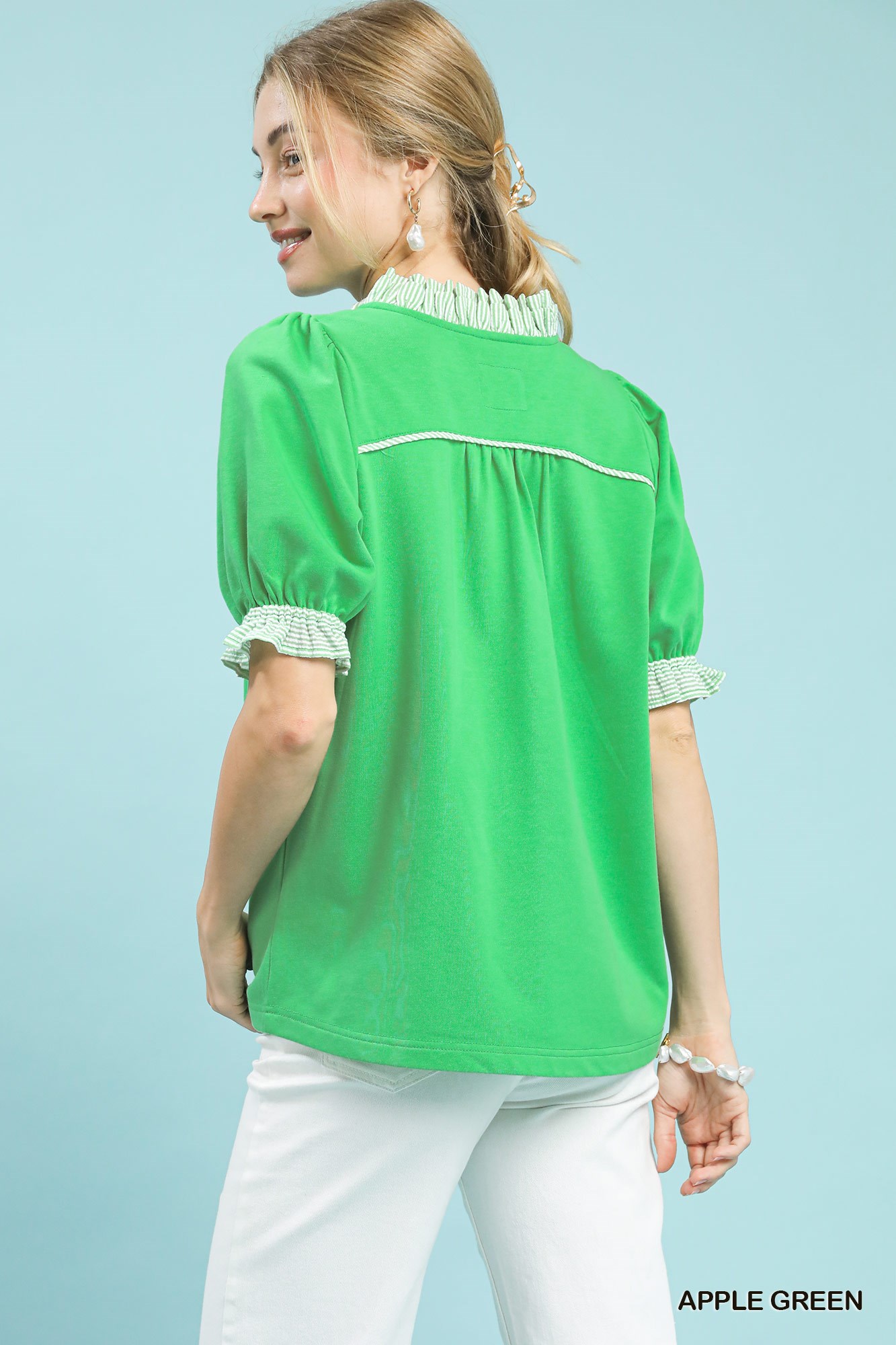 French Terry Ruffle Trim Puff Sleeve Top, image 3
