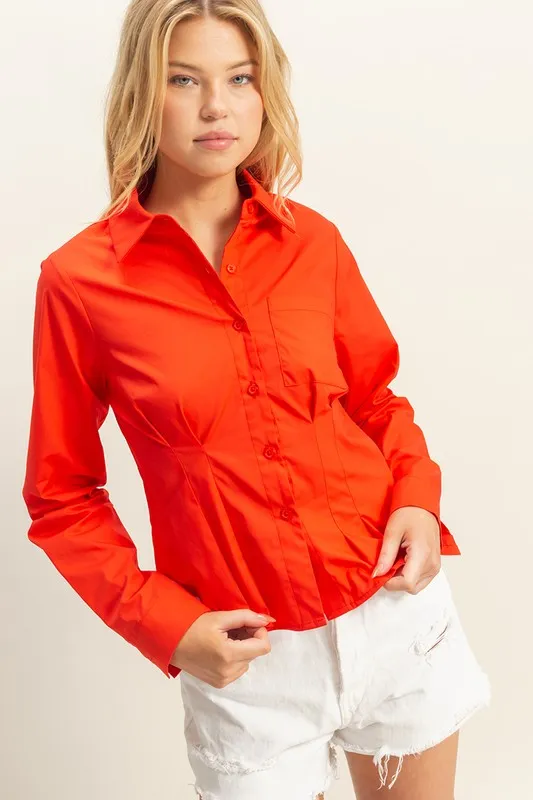 Long Sleeve Pleated Waist Poplin Shirt
