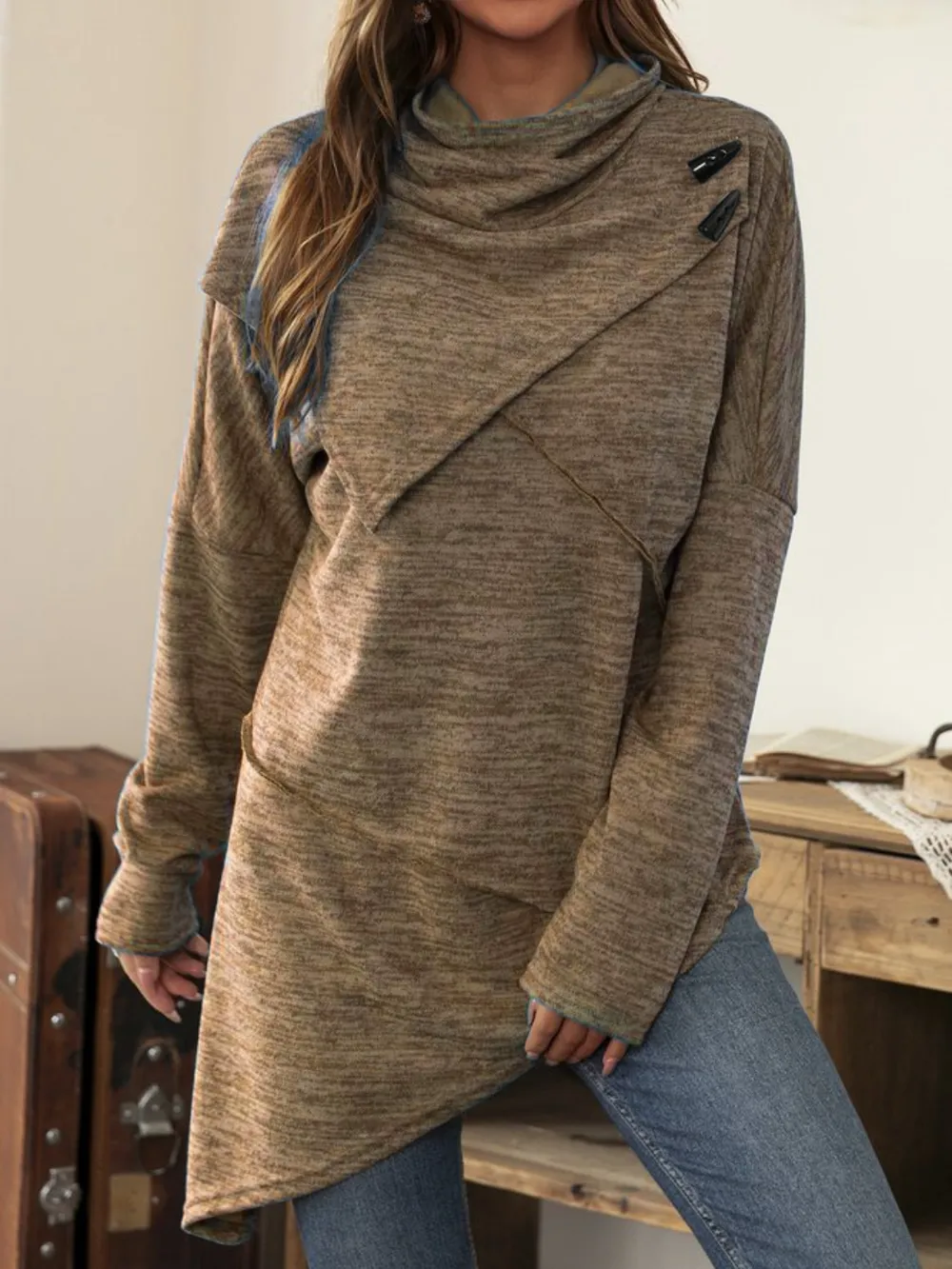 Asymmetrical Hem Cowl Neck Long Sleeve T-Shirt, image 13