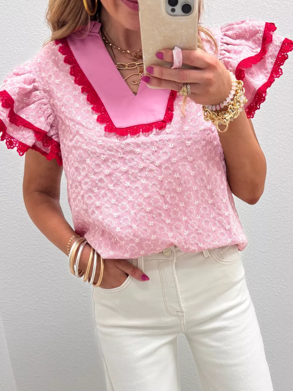 Eyelet Embroidered Flower Texture Contrast Lace Trim Flutter Sleeve Blouse, image 3
