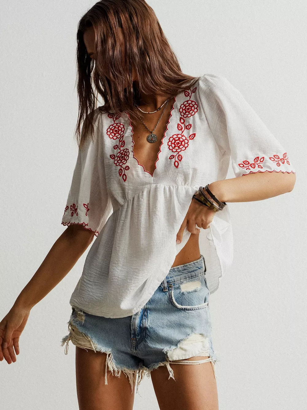 Embroidered Floral V-Neck Blouse, image 3
