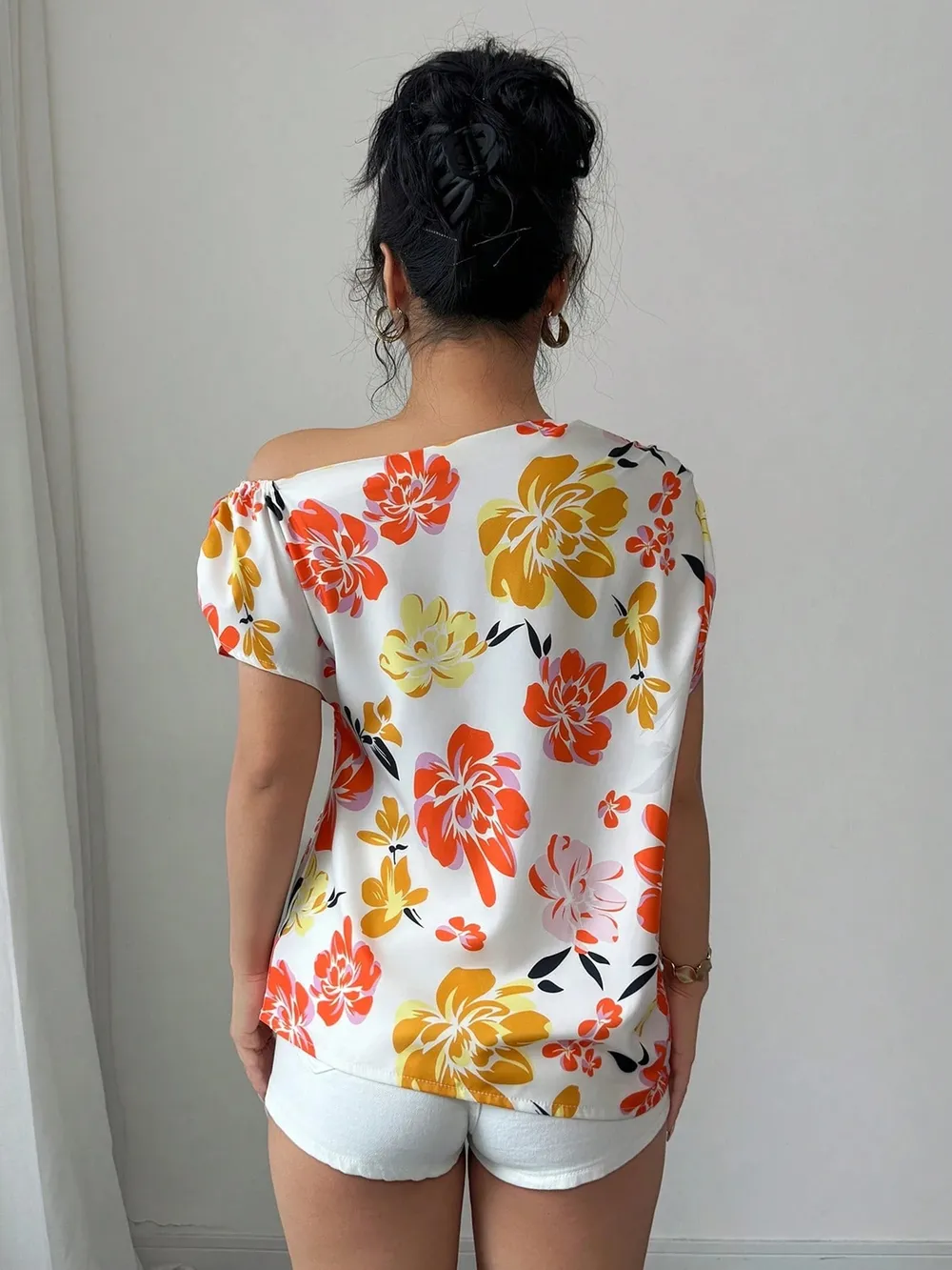Floral Print One Shoulder Short Sleeve Blouse, image 4