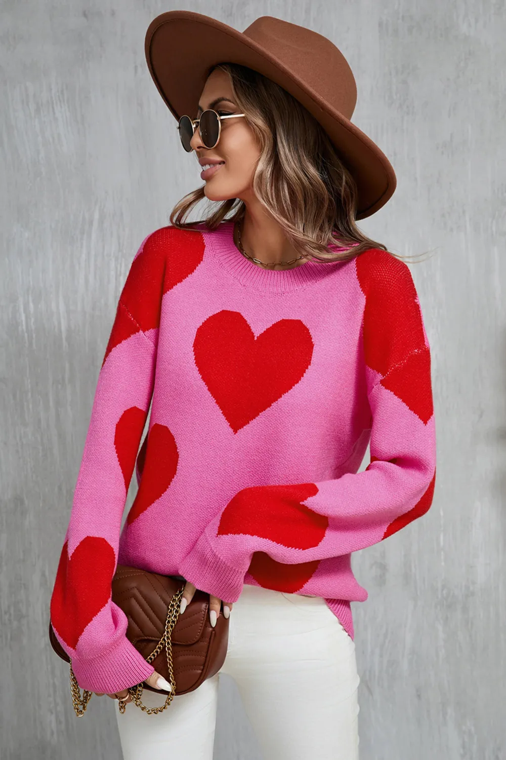 Contrast Heart Dropped Shoulder Long Sleeve Sweater, image 8