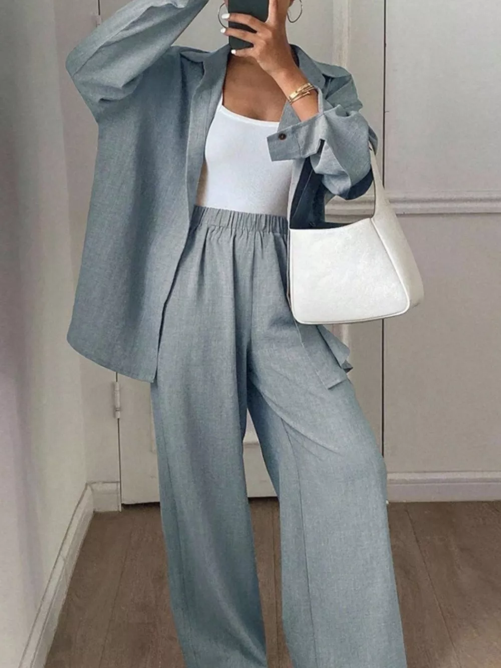 Button Up Long Sleeve Shirt and Wide Leg Pants Set, image 22