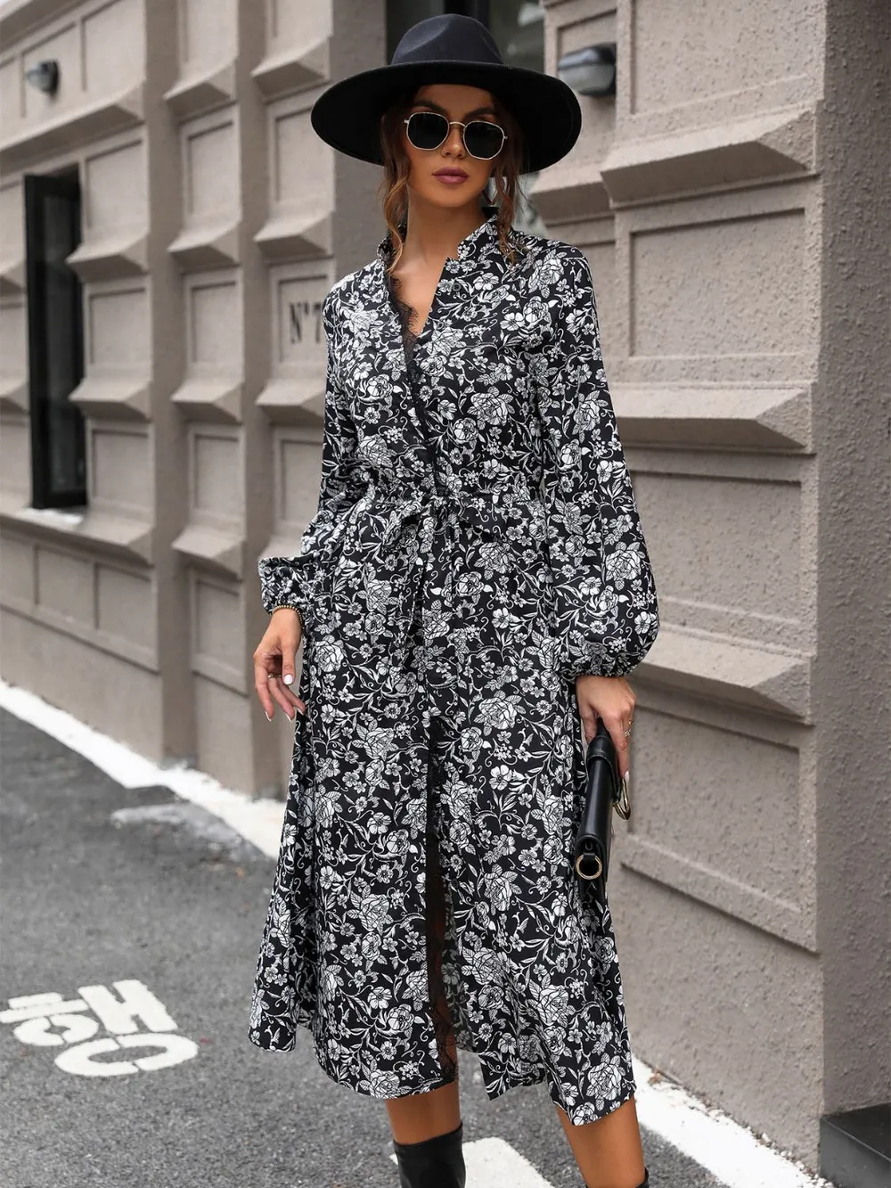 Lace Detail Printed Long Sleeve Midi Dress, image 4