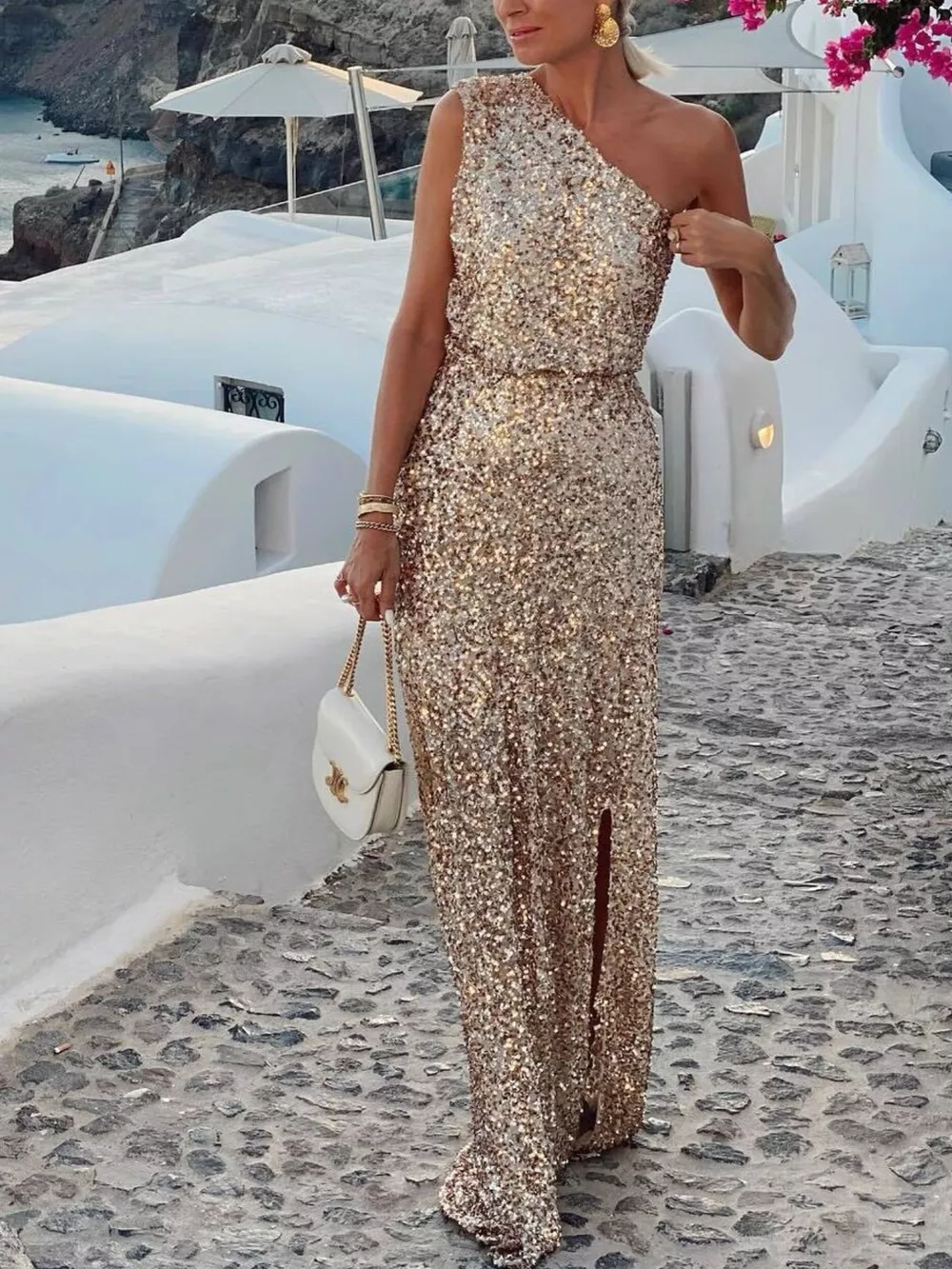 Sequin One-Shoulder Slit Maxi Dress, image 2