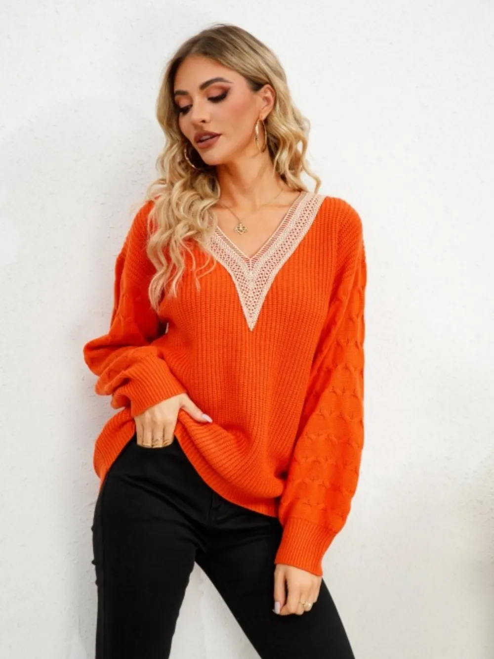 V-Neck Dropped Shoulder Long Sleeve Sweater, image 5