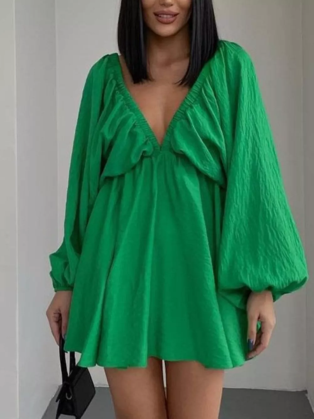 Deep V-Neck Balloon Sleeve Dress, image 8