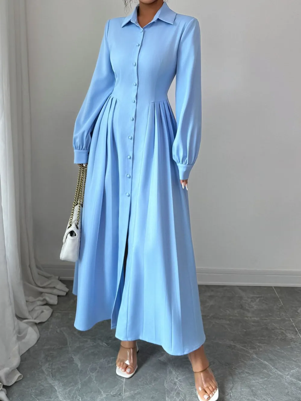Button-Front Maxi Shirt Dress, image 2