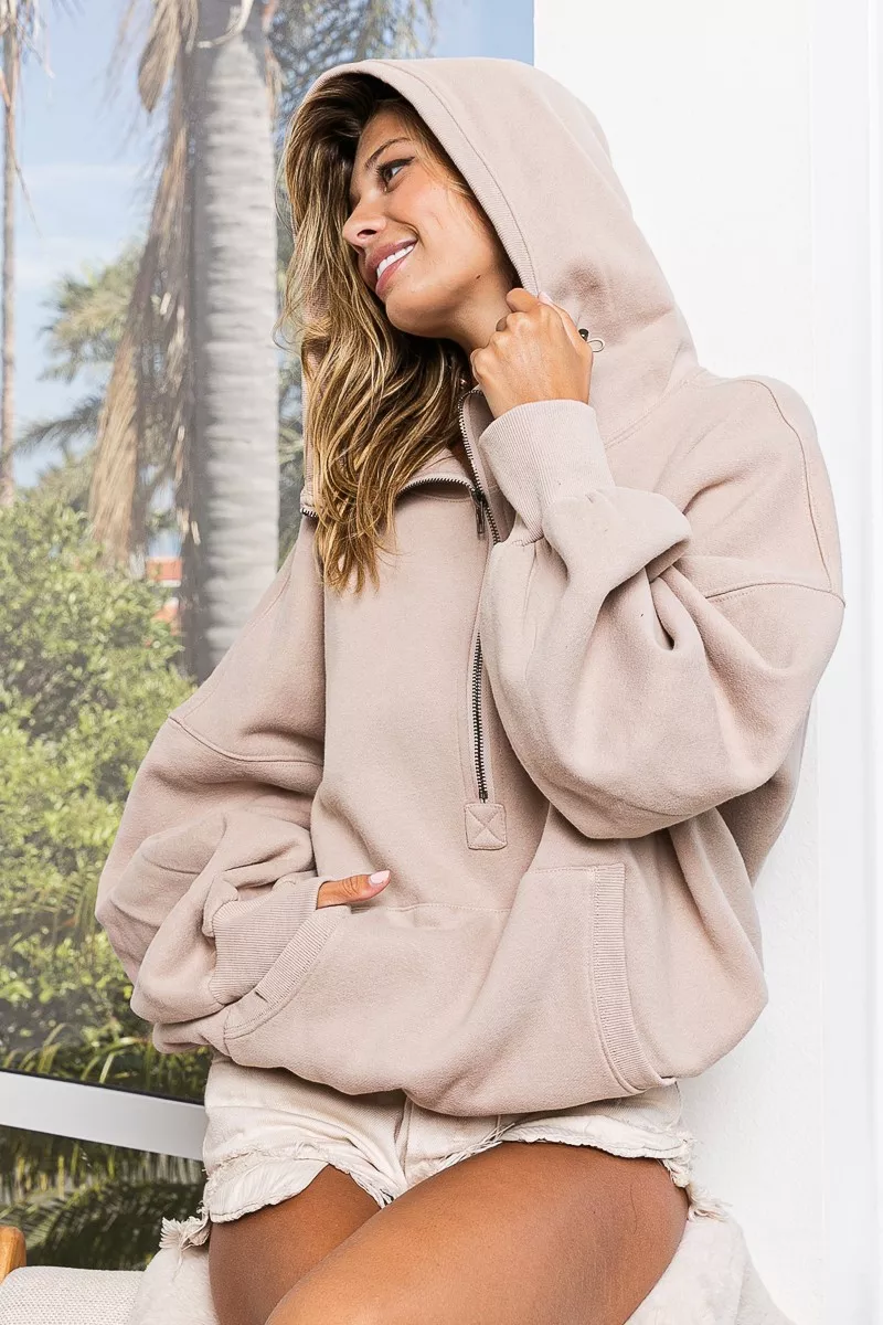 Stitch Detailed Elastic Hem Half Zip Fleece Hoodie, image 2