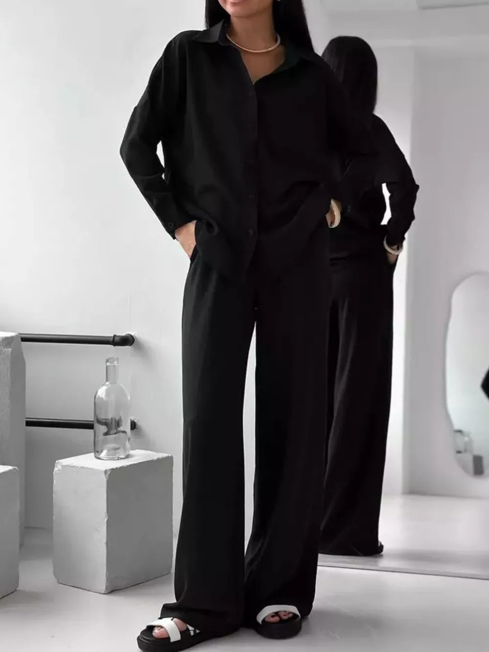Relaxed Fit Shirt and Wide Leg Pants Set, image 22