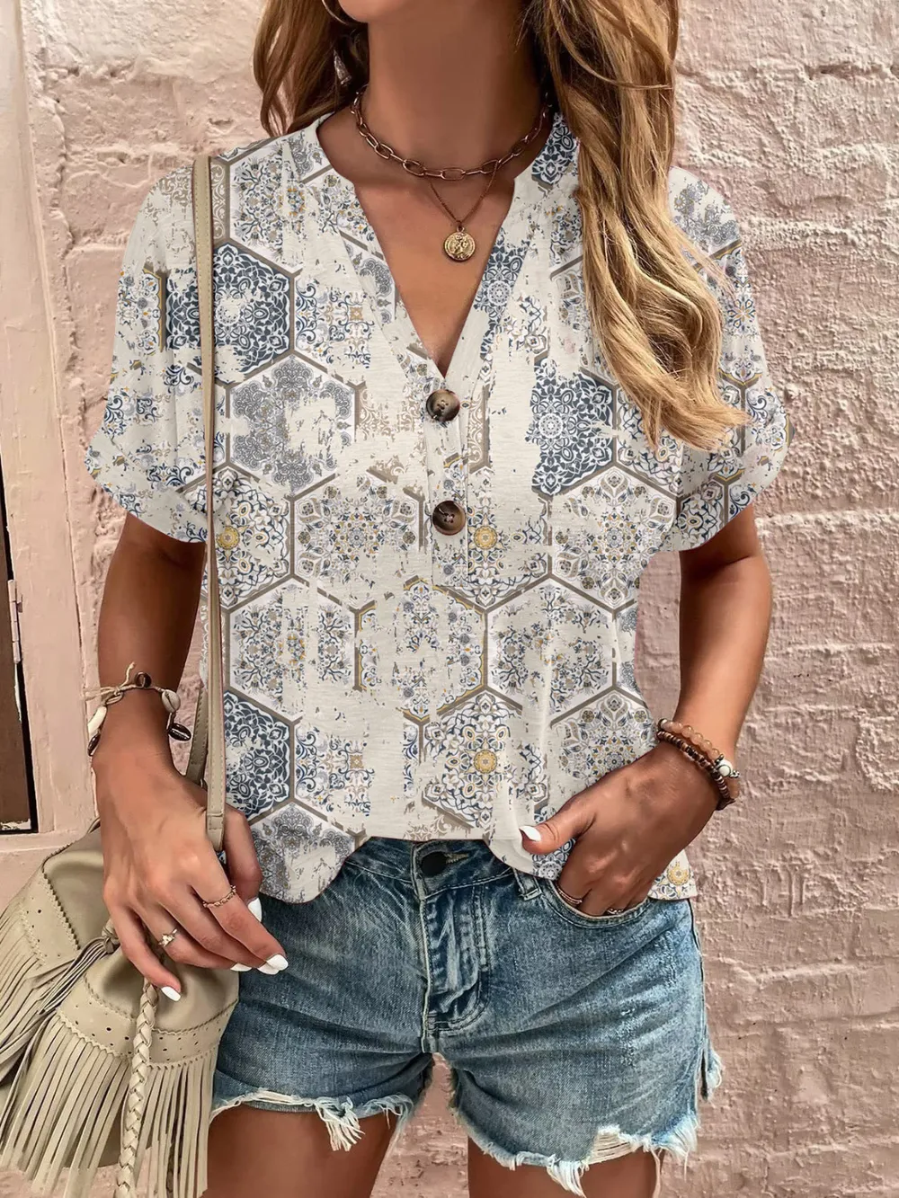 Full Size Printed Notched Short Sleeve Blouse, image 17