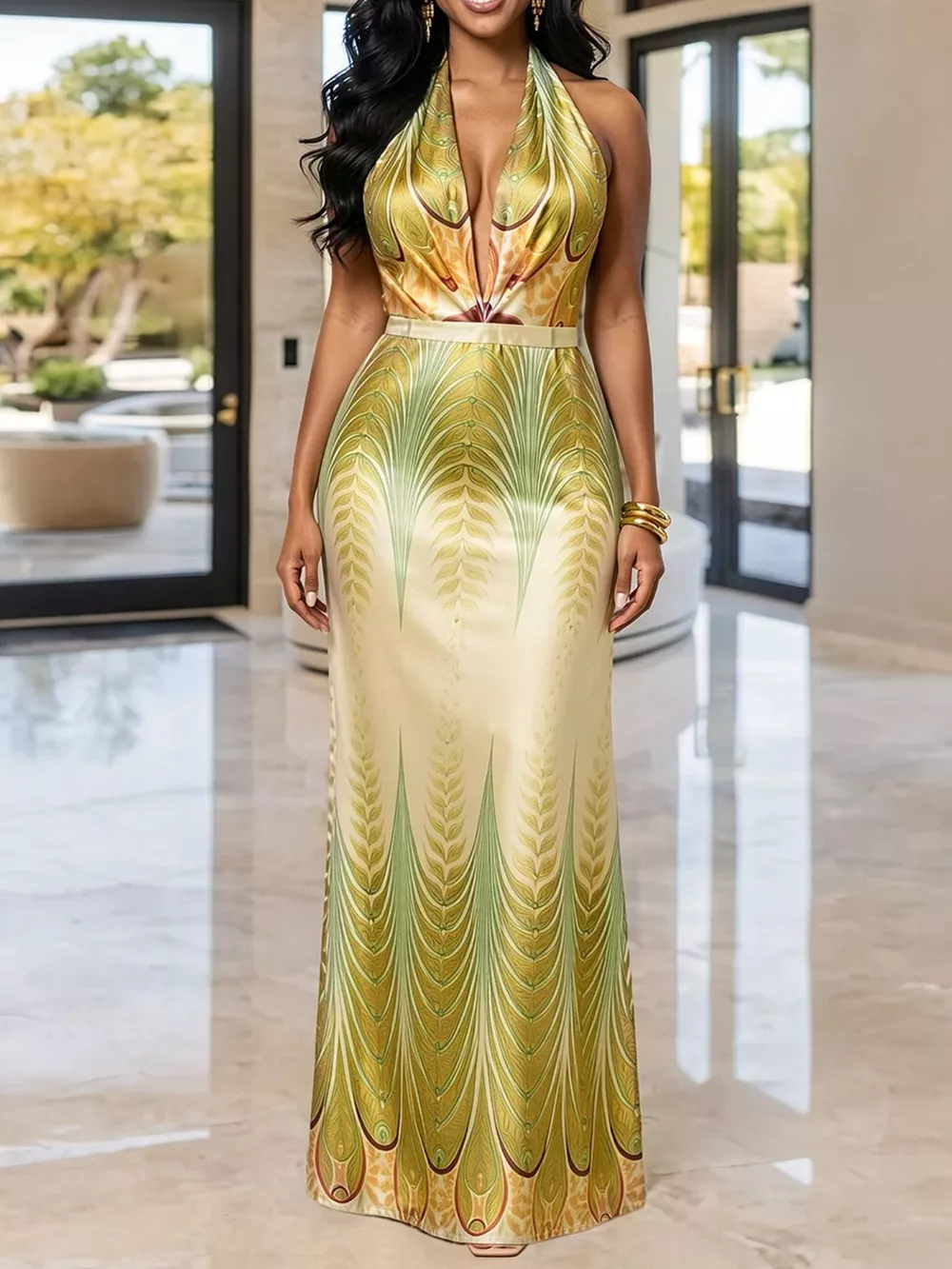 Elegant Halter Neck Maxi Dress with Gradient Leaf Print, image 2