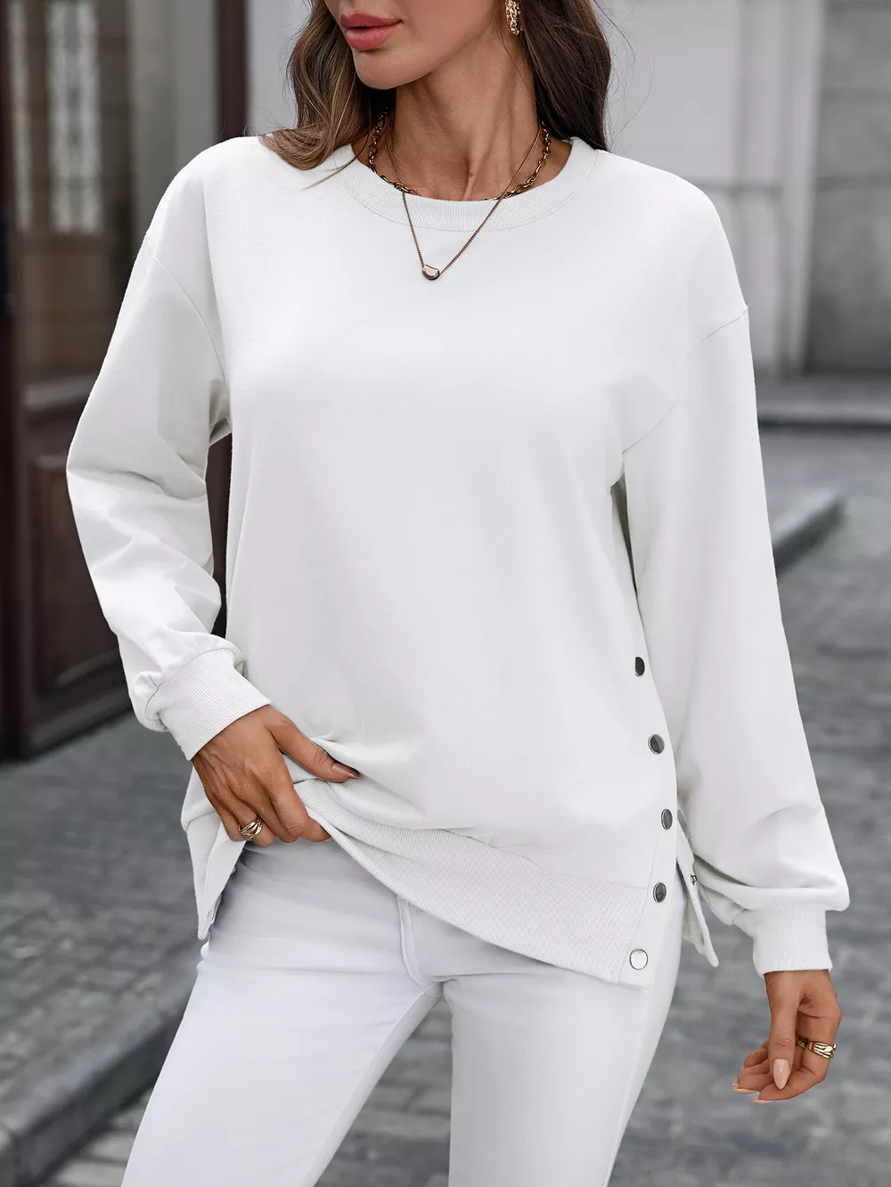 Side Snap Round Neck Sweatshirt, image 27