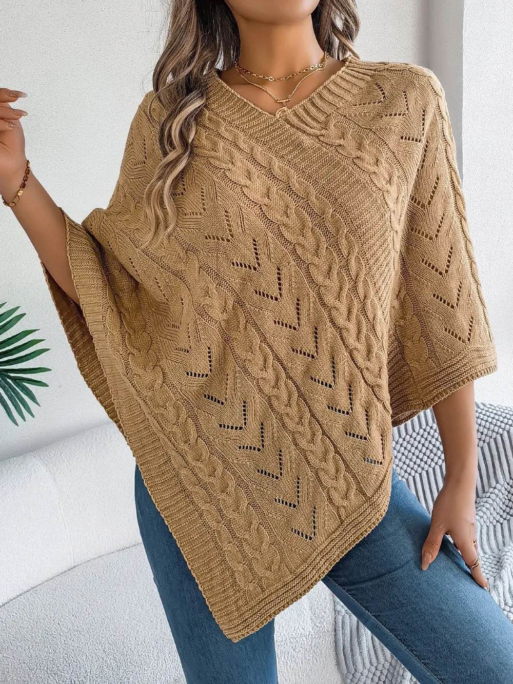 Cable-Knit Openwork Three-Quarter Sleeve Sweater, image 8