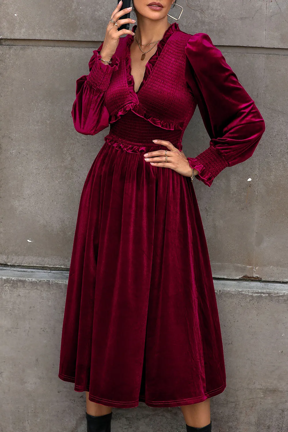 Smocked Lantern Sleeve Midi Dress, image 2
