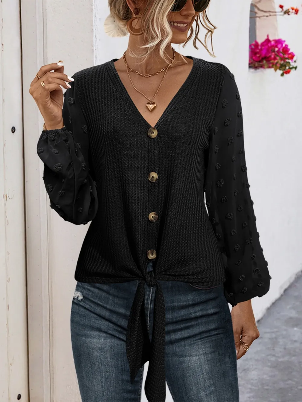 Tied Swiss Dot V-Neck Long Sleeve Blouse, image 3