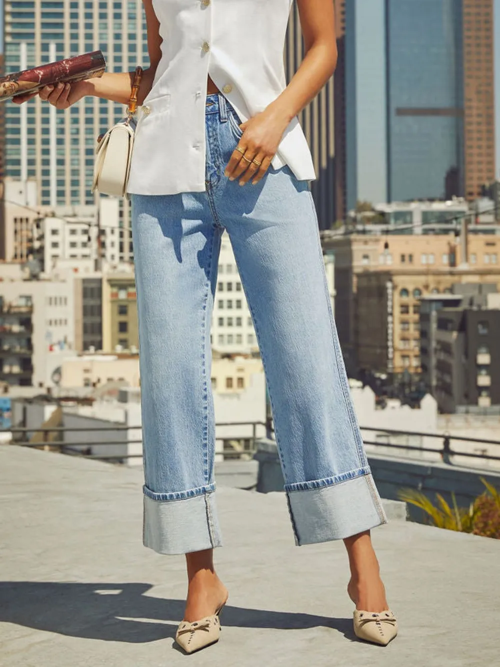 High Waisted Straight Leg Rolled Jeans, image 3