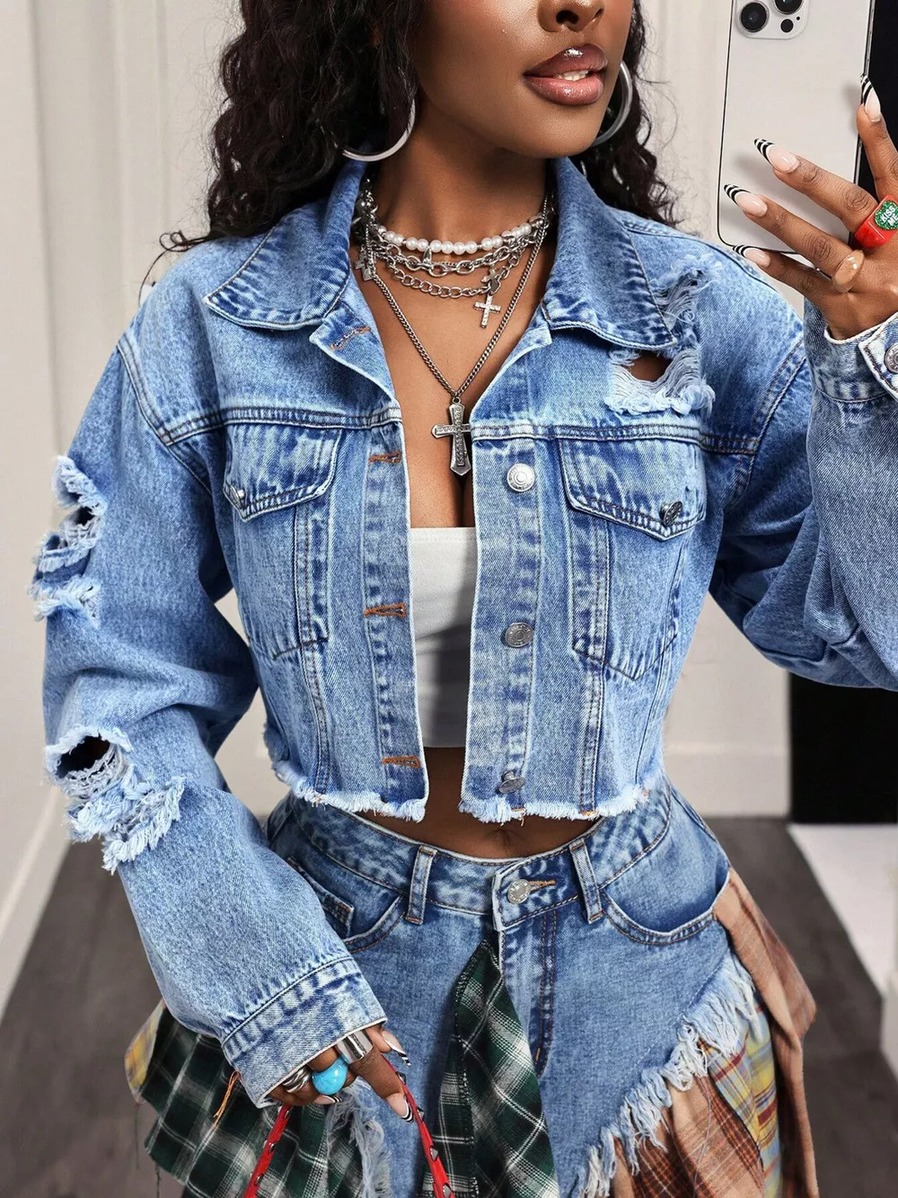 Distressed Cropped Denim Jacket