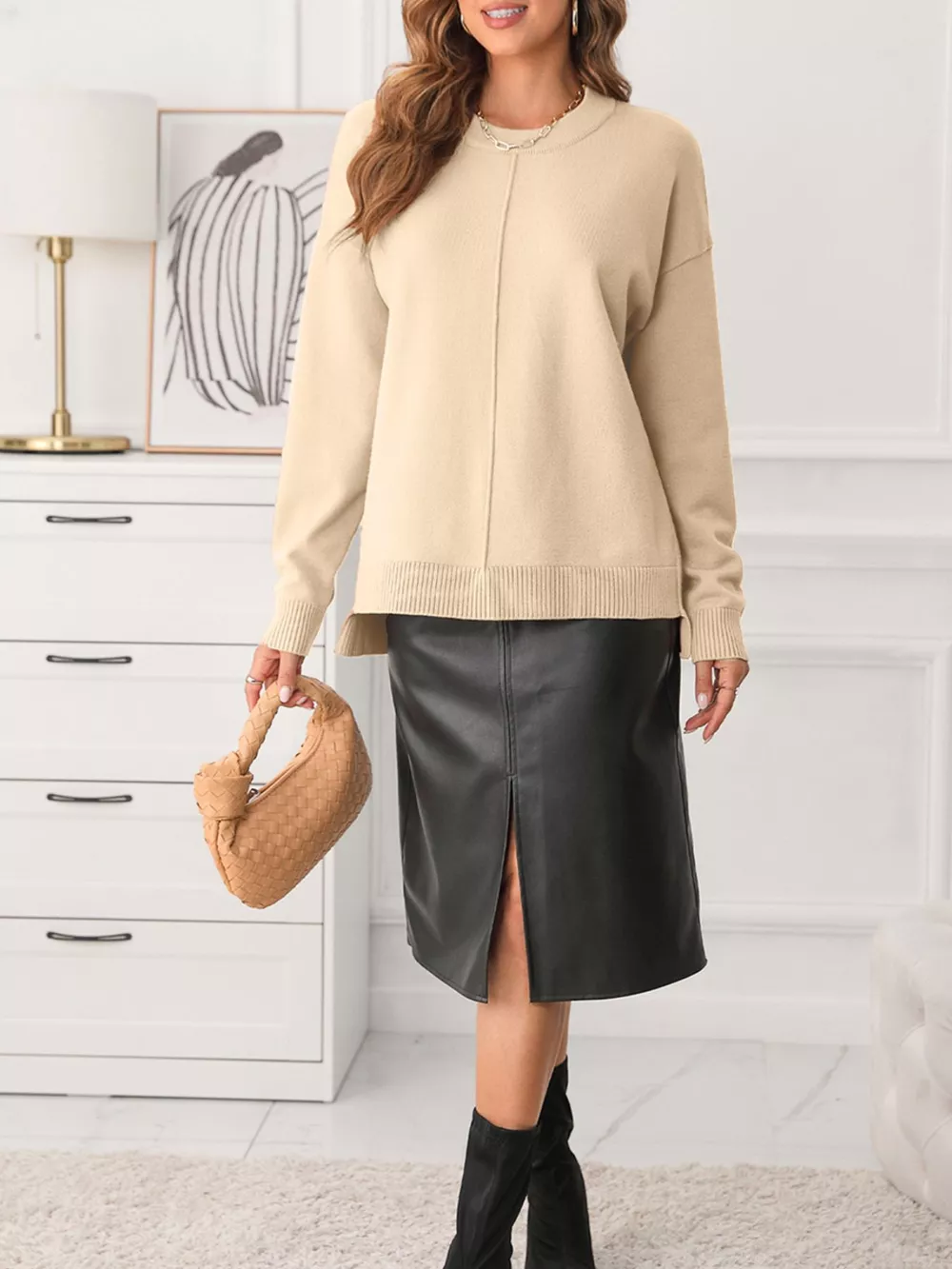 Front Center Seam Drop Shoulder Solid Sweater, image 5