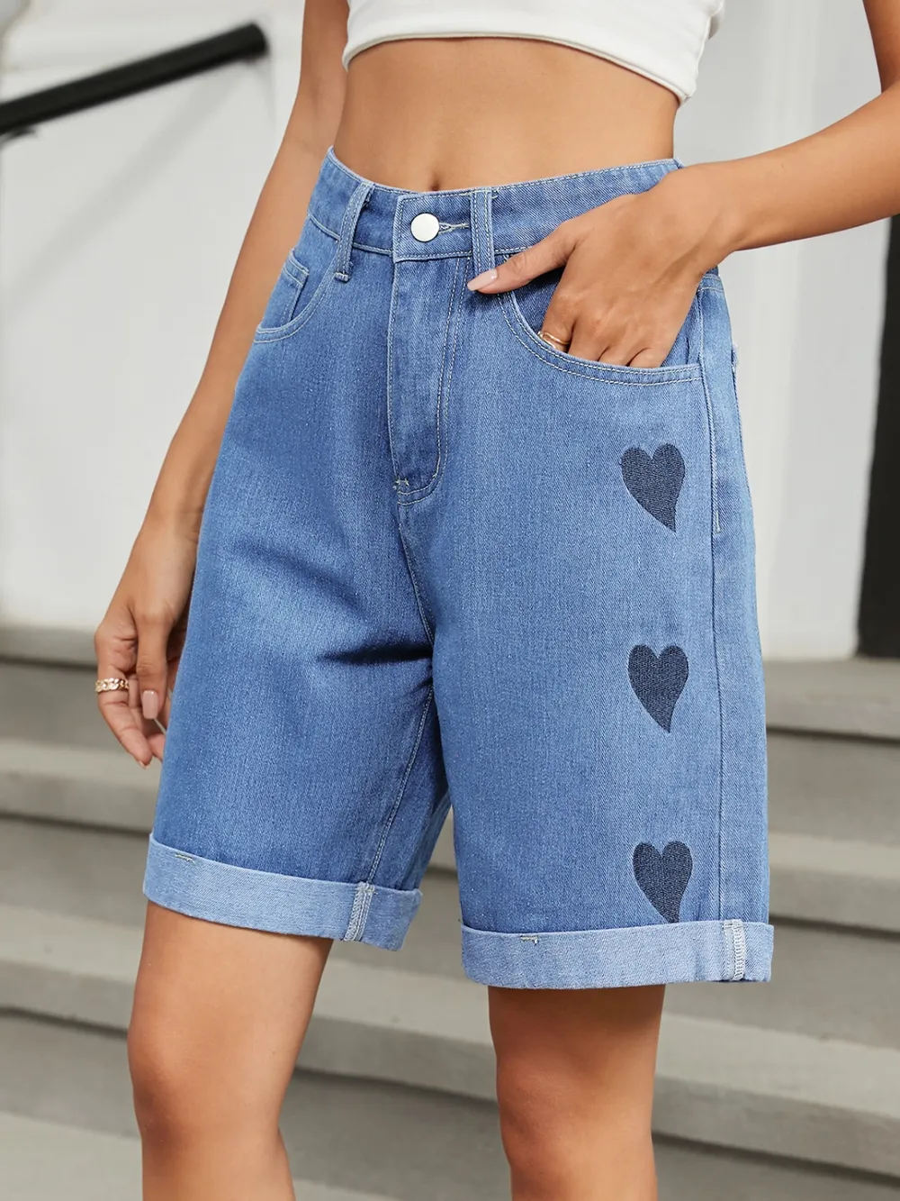Heart-Pattern Rolled Hem Denim Shorts, image 3