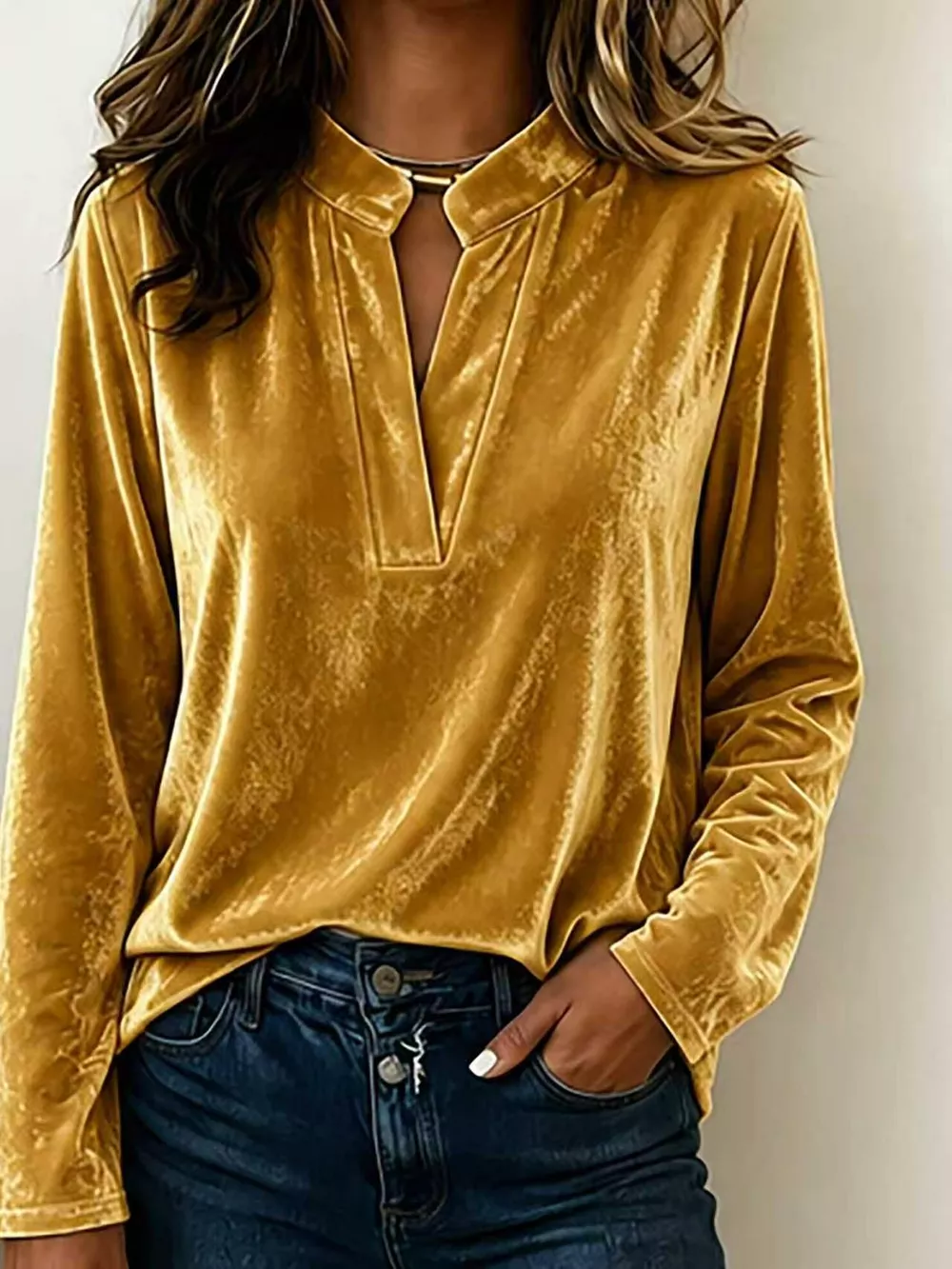 Full Size Velvet Notched Long Sleeve Blouse Plus Size, image 10