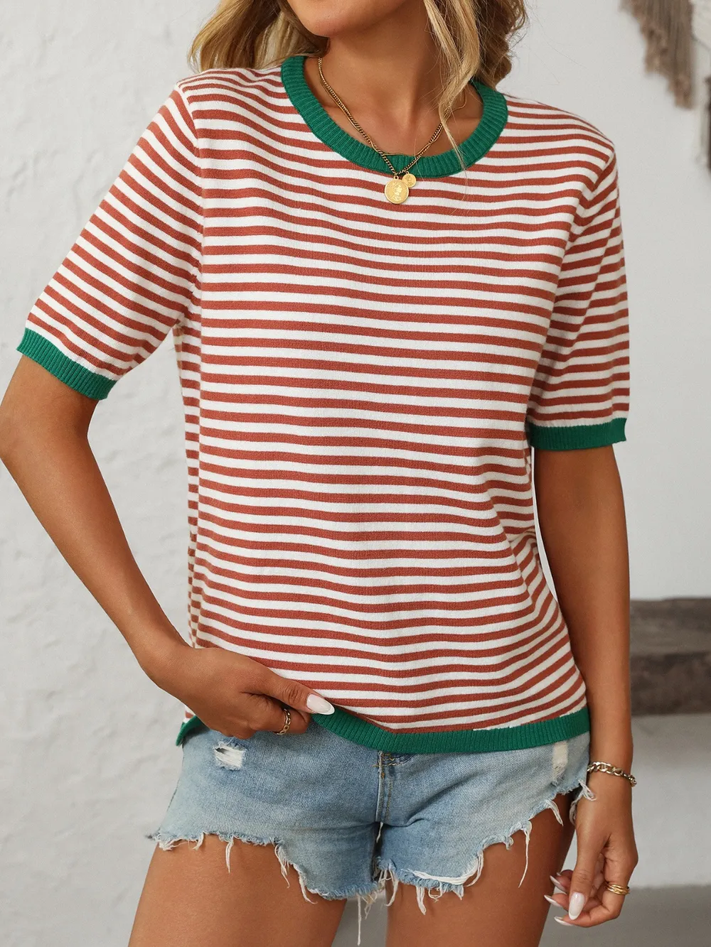 Striped Round Neck Half Sleeve Knit Top, image 5