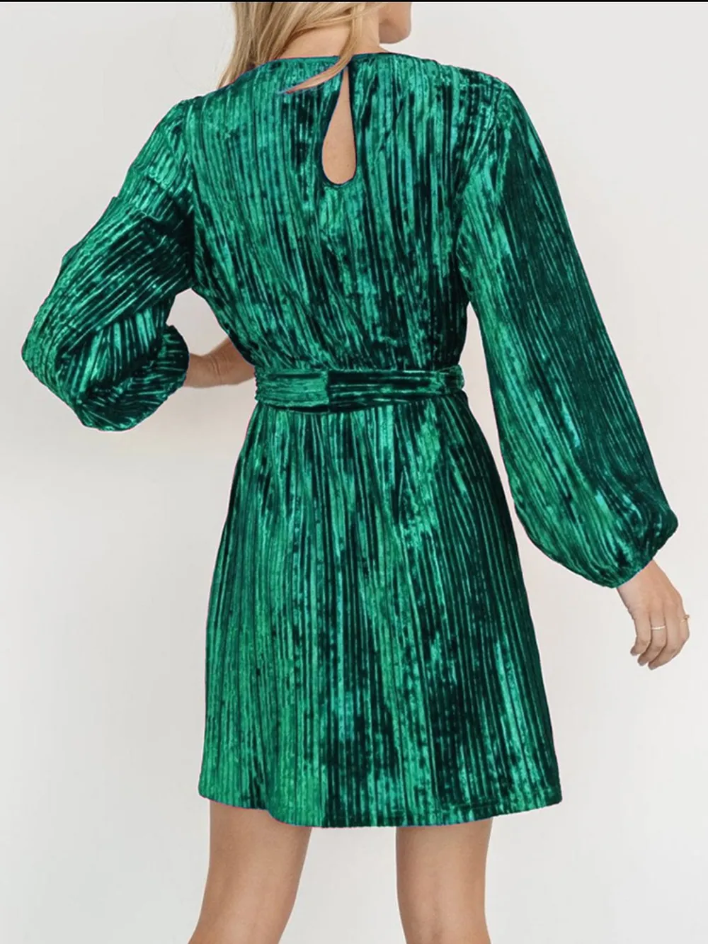 Velvet Round Neck Tie Waist Long Sleeve Mini Dress, image 8