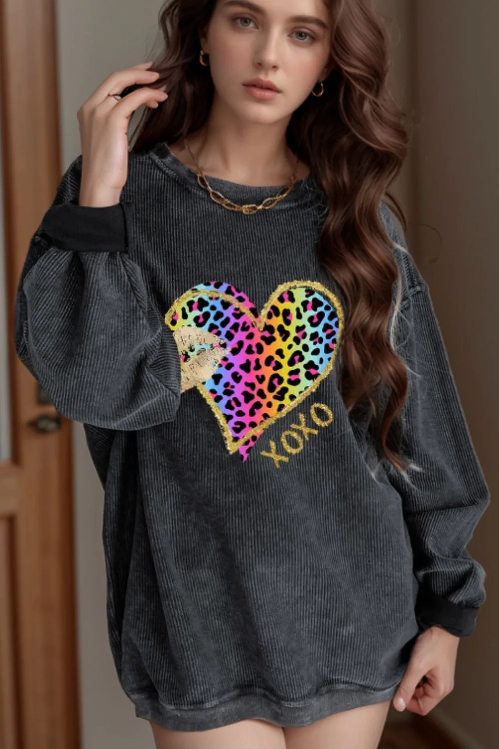 Leopard Heart Drop Shoulder Long Sleeve Sweatshirt, image 2