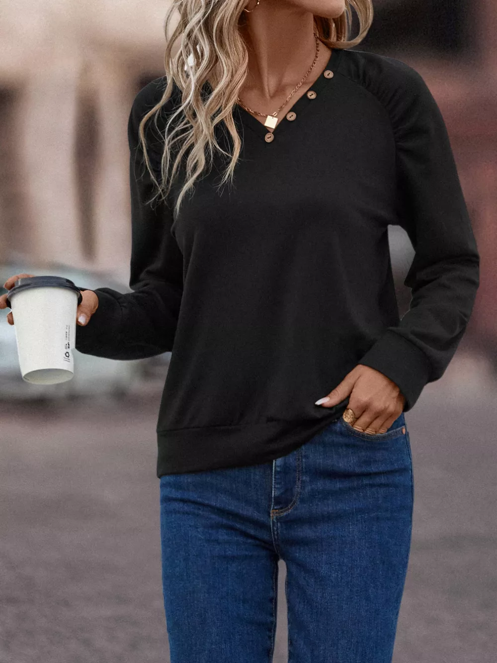 V-Neck Long Sleeve T-Shirt, image 3