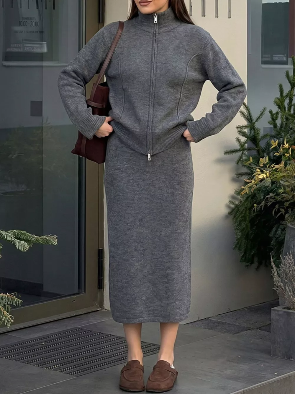 Zip-Up Mock Neck Cardigan and Matching Midi Skirt Sweater Set, image 4