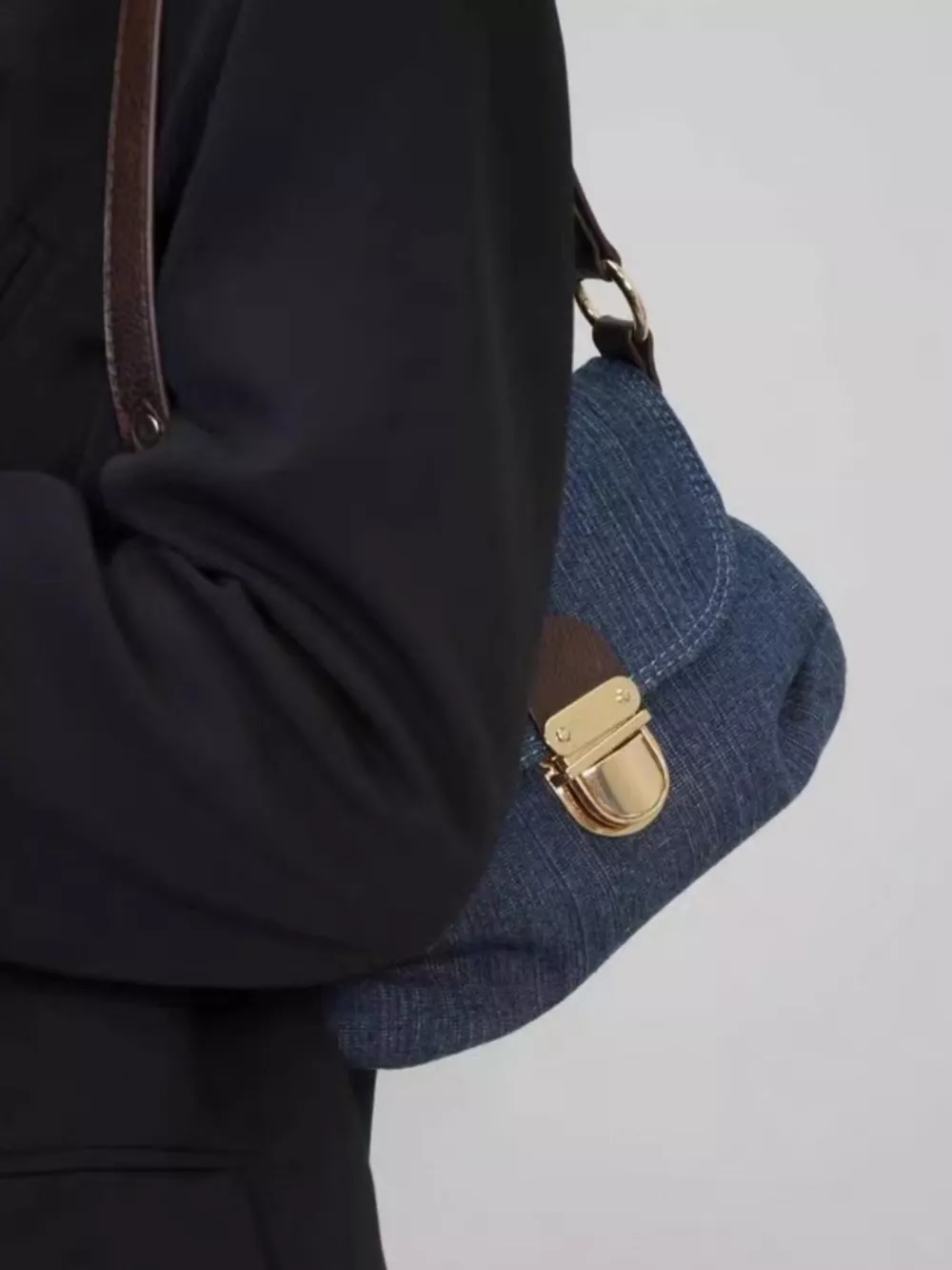 Denim Flap Shoulder Bag with Golden Clasp, image 4