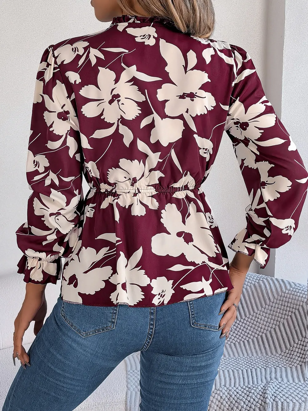 Printed Tie Neck Flounce Sleeve Blouse, image 14