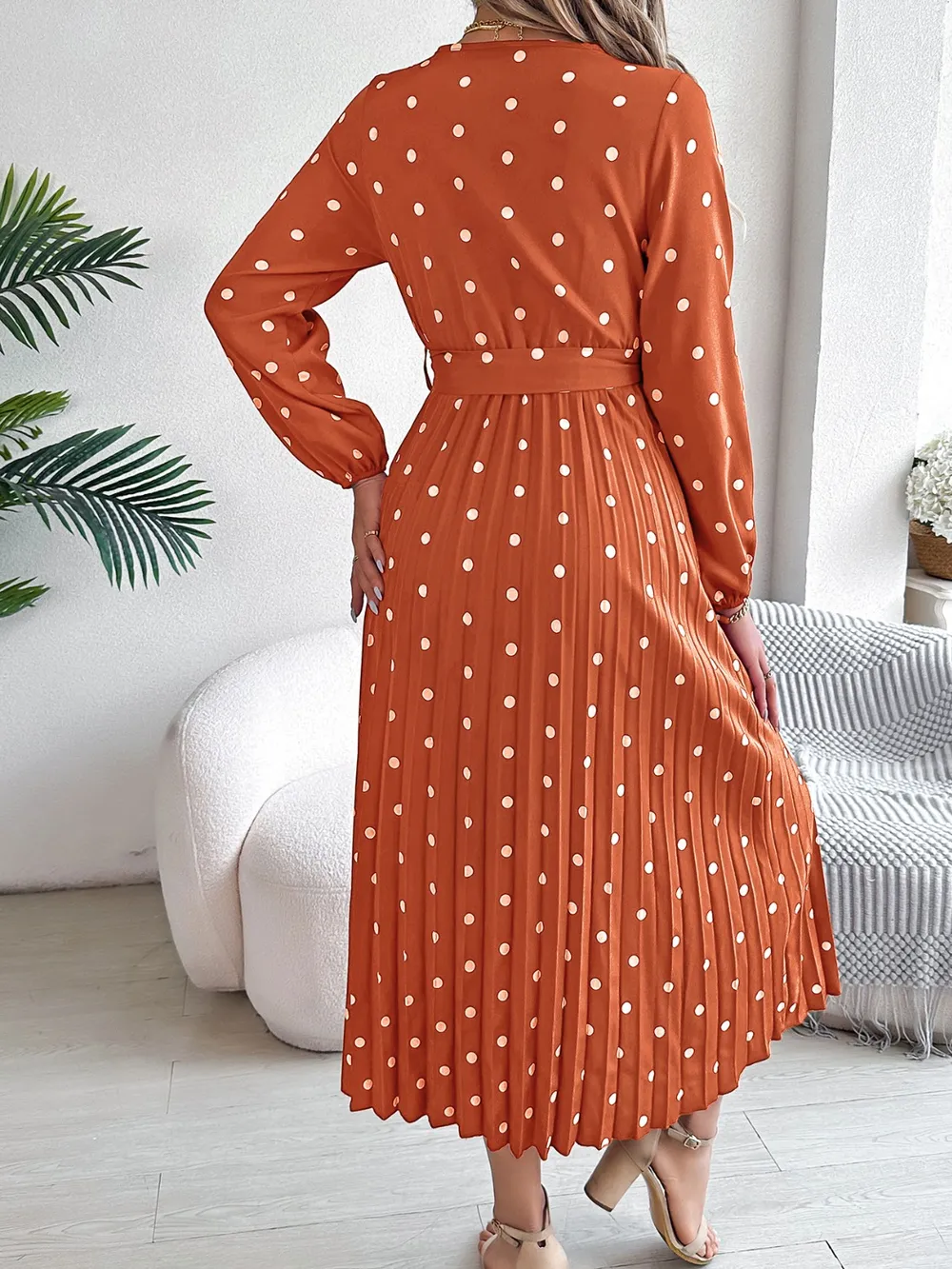 Tied Polka Dot Long Sleeve Midi Dress, image 11