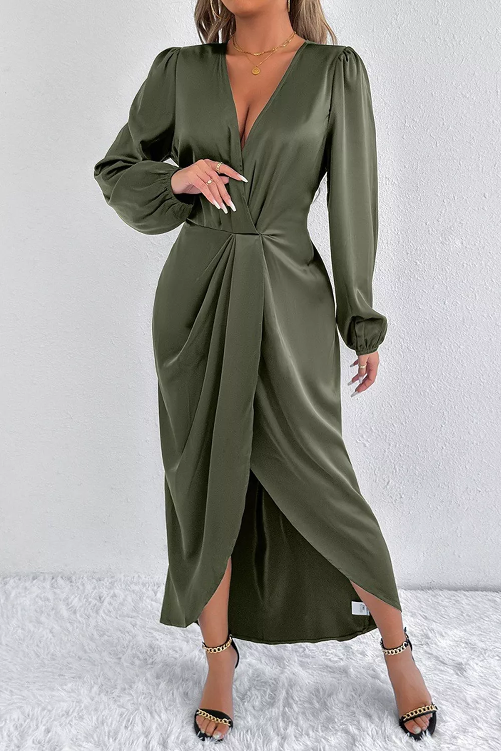 Satin Balloon Sleeve Midi Dress