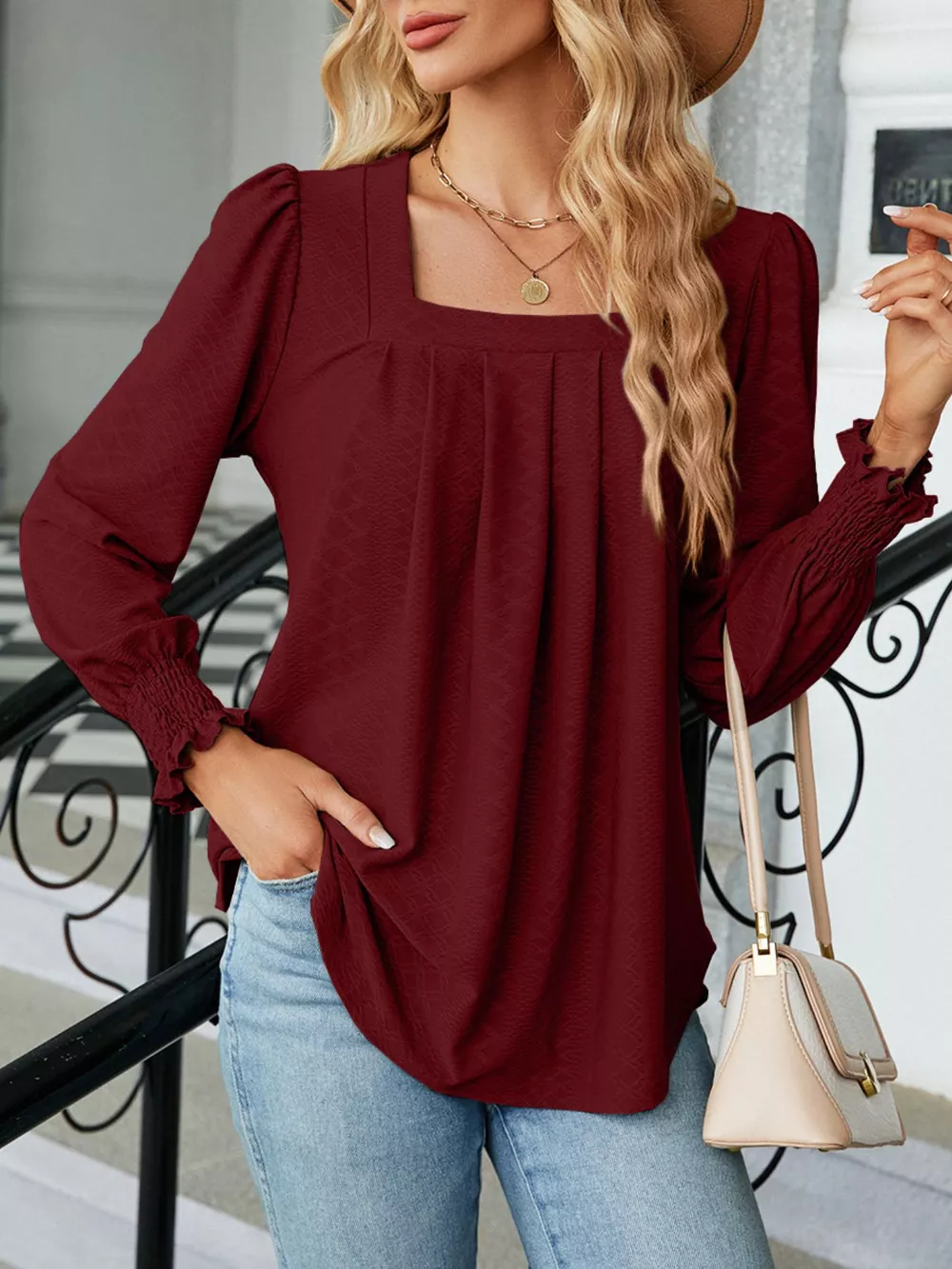 Pleated Square Neck Long Sleeve Top, image 10