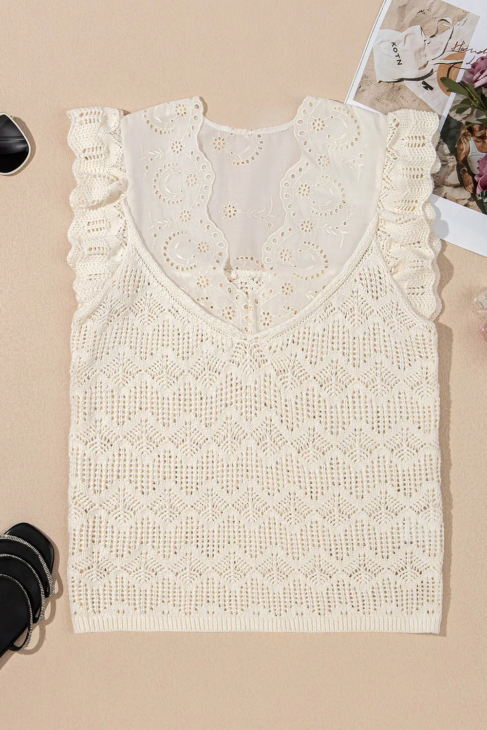 Embroidered Patchwork Hollow Out Knitted Ruffle Sweater Vest, image 2