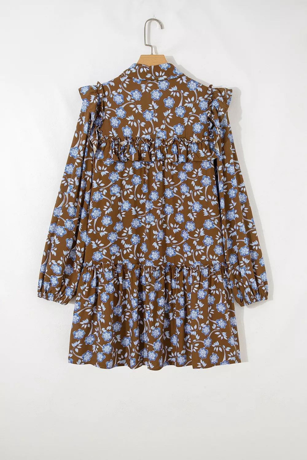 Floral Print Ruffled Detail Shirt Collar Button Down Long Sleeve Dress, image 7