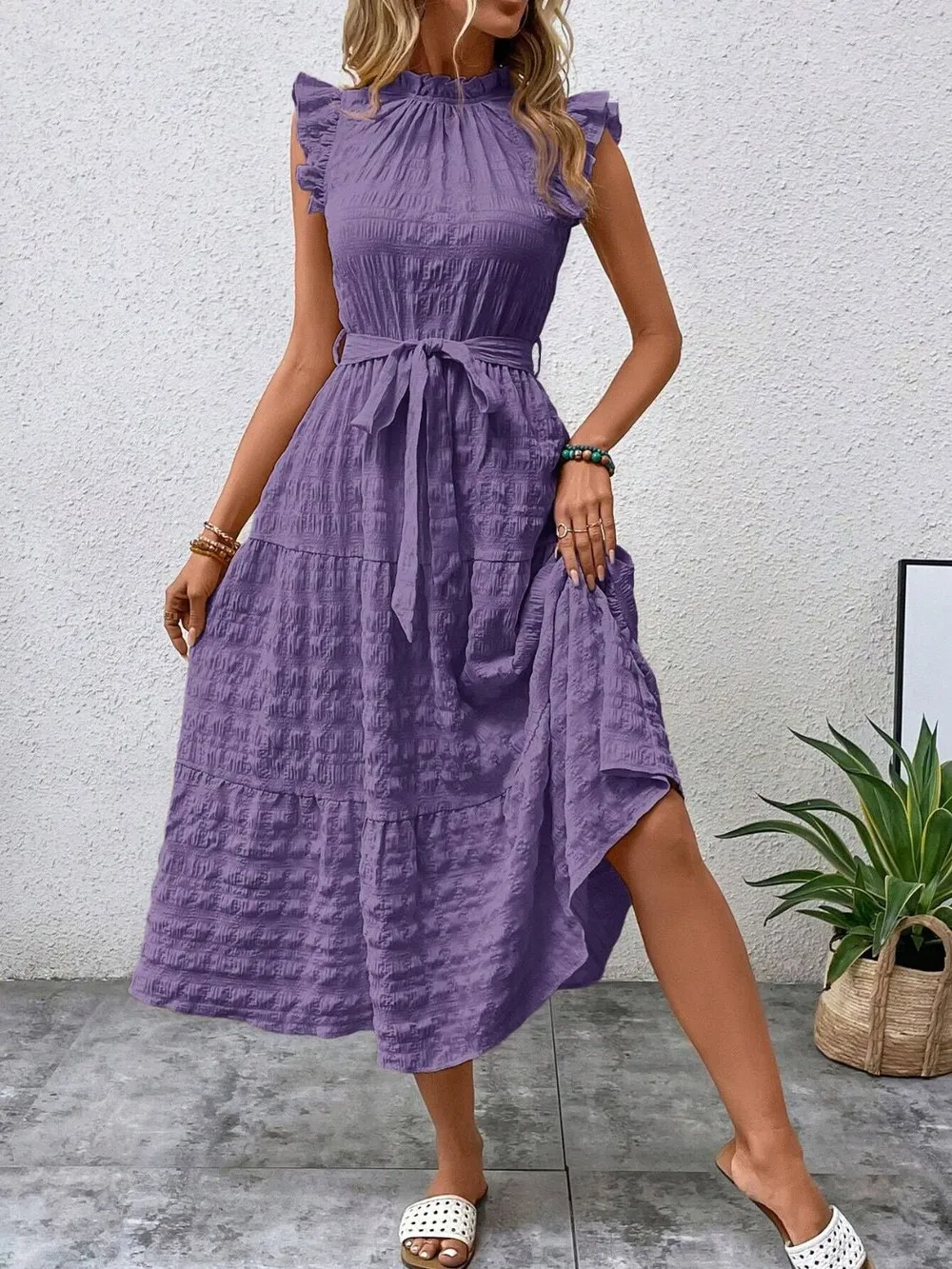 Tied Ruffled Cap Sleeve Midi Dress, image 8